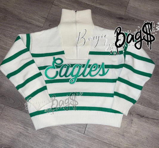 Striped Pullover Eagles Script Sweater